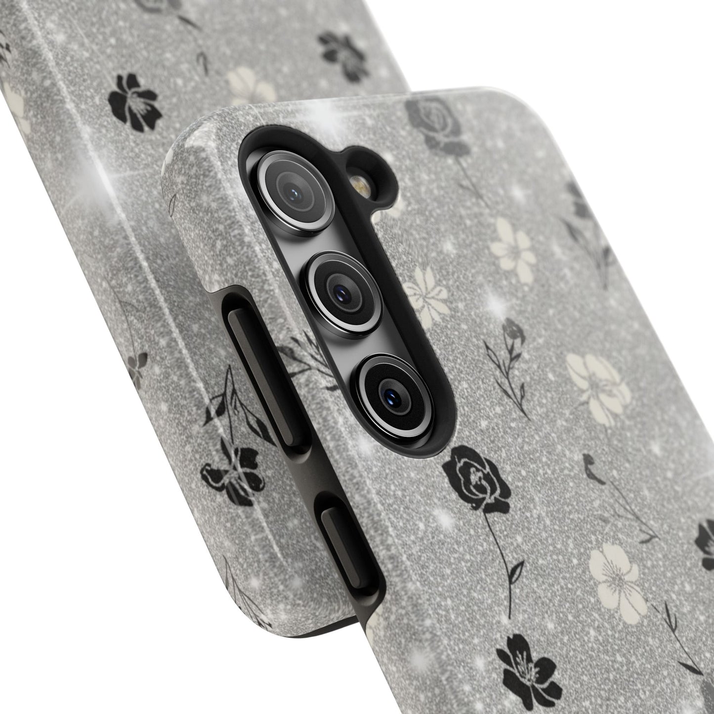 Floral Glitter Tough Phone Case — Black & Silver Vintage Flower Protective Cover