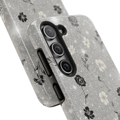 Floral Glitter Tough Phone Case — Black & Silver Vintage Flower Protective Cover