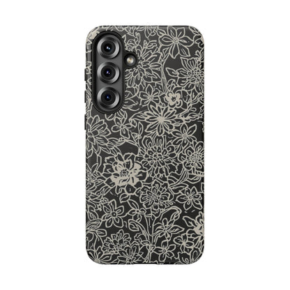 Floral Doodle Tough Phone Case — Black & White Sketch Flower Protective Cover