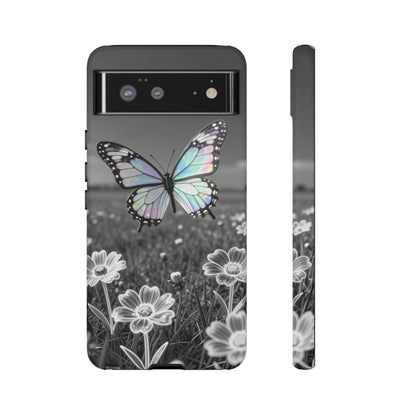 Butterfly Field Tough Phone Case — Pastel Holographic Butterfly on Black & White Floral Background