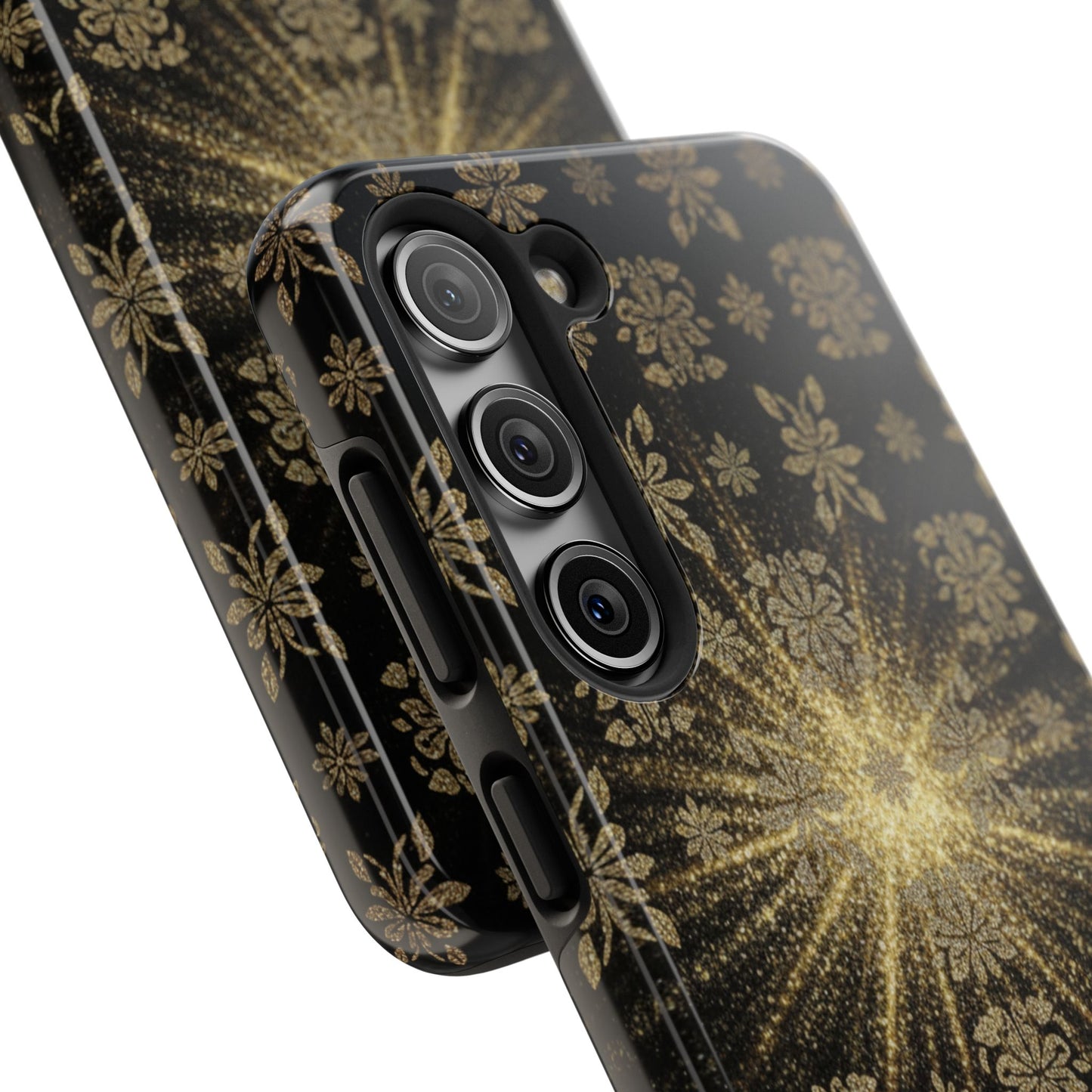 Glitter Burst Tough Phone Case — Black & Gold Floral Protective Cover