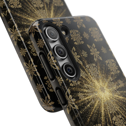 Glitter Burst Tough Phone Case — Black & Gold Floral Protective Cover