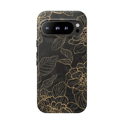 Floral Gold Outline Tough Phone Case – Black Botanical Protective Cover