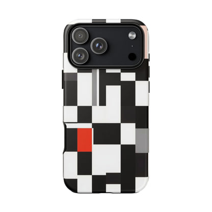 Abstract Geometric Phone Case – Black & White Checker Grid with Red Accent