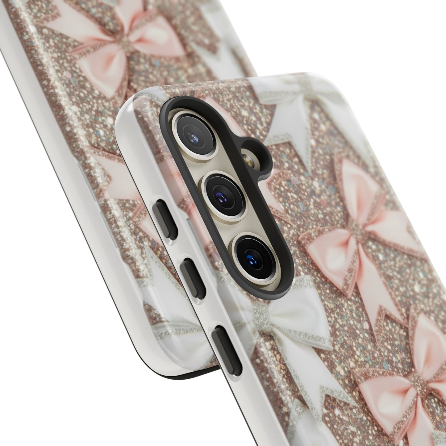 Glitter Bow Tough Phone Case — Pink & White Ribbon Protective Cover