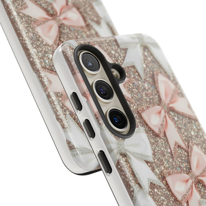 Glitter Bow Tough Phone Case — Pink & White Ribbon Protective Cover