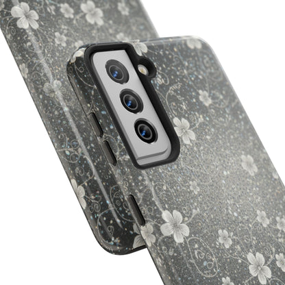 Floral Sparkle Tough Phone Case — Black & Silver Vintage Blossom