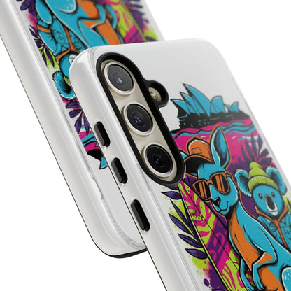 Kangaroo & Koala Surf Phone Case — Retro Neon Beach Art Tough Case