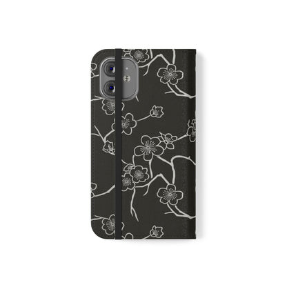 Black Cherry Blossom Flip Phone Case – Floral Wallet Flip Case with Card Slots