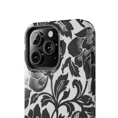 Tough Phone Case — Black & White Vintage Floral Protective Cover