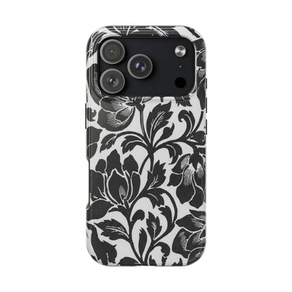Tough Phone Case — Black & White Vintage Floral Protective Cover
