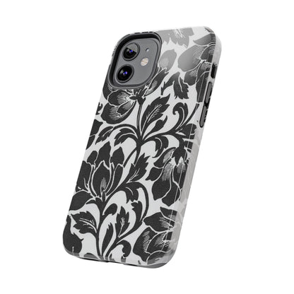 Tough Phone Case — Black & White Vintage Floral Protective Cover