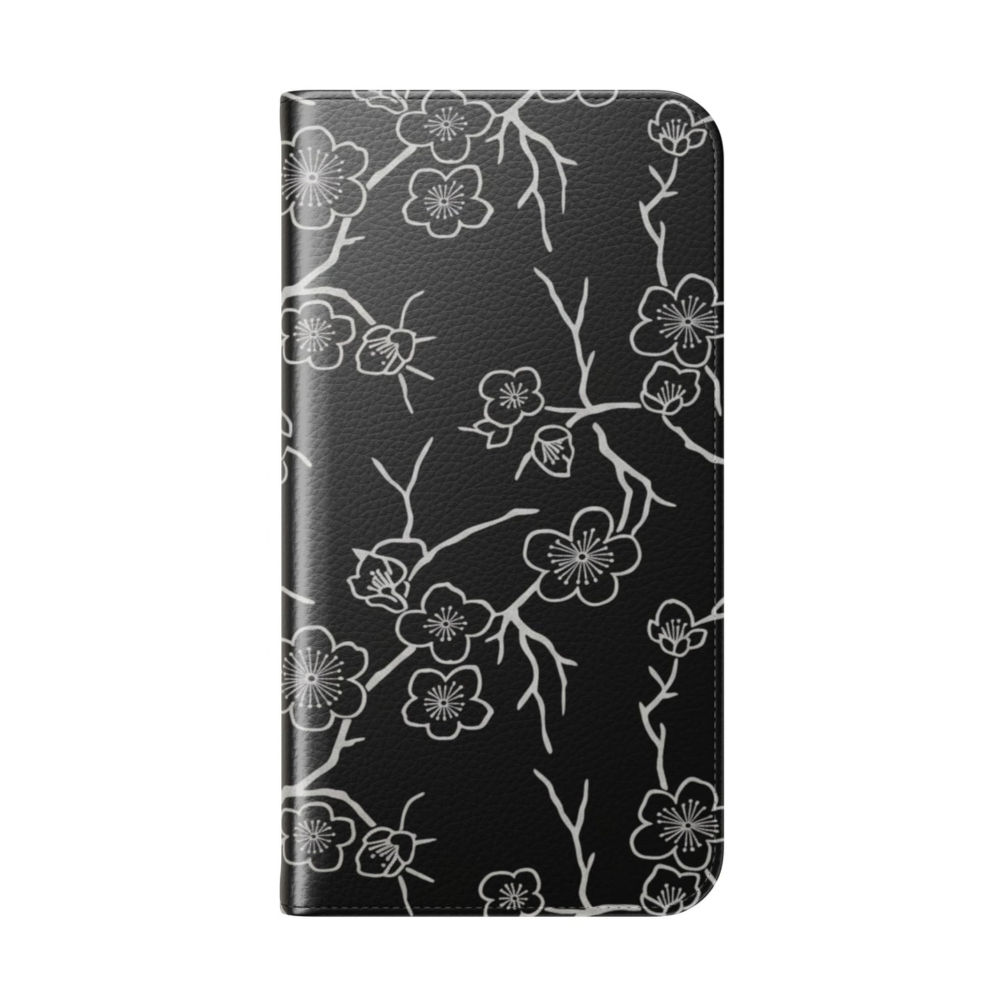 Black Cherry Blossom Flip Phone Case – Floral Wallet Flip Case with Card Slots
