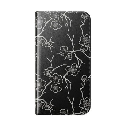 Black Cherry Blossom Flip Phone Case – Floral Wallet Flip Case with Card Slots