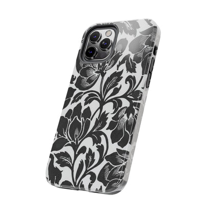 Tough Phone Case — Black & White Vintage Floral Protective Cover