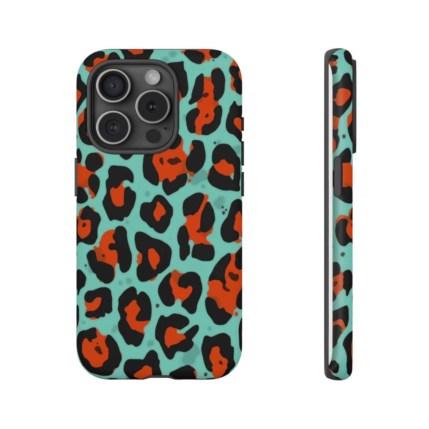 Leopard Print Tough Phone Case — Teal & Rust Protective iPhone Cover