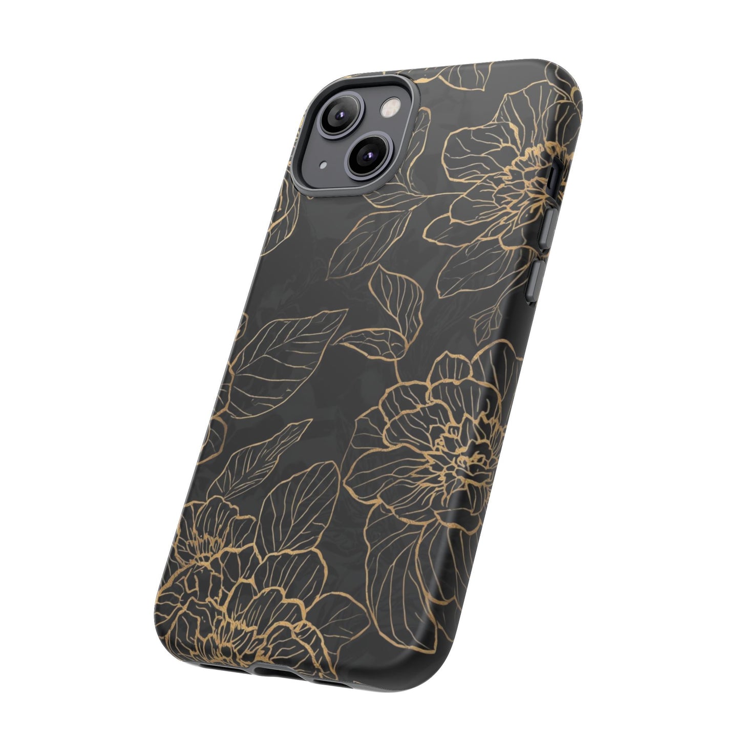 Floral Gold Outline Tough Phone Case – Black Botanical Protective Cover