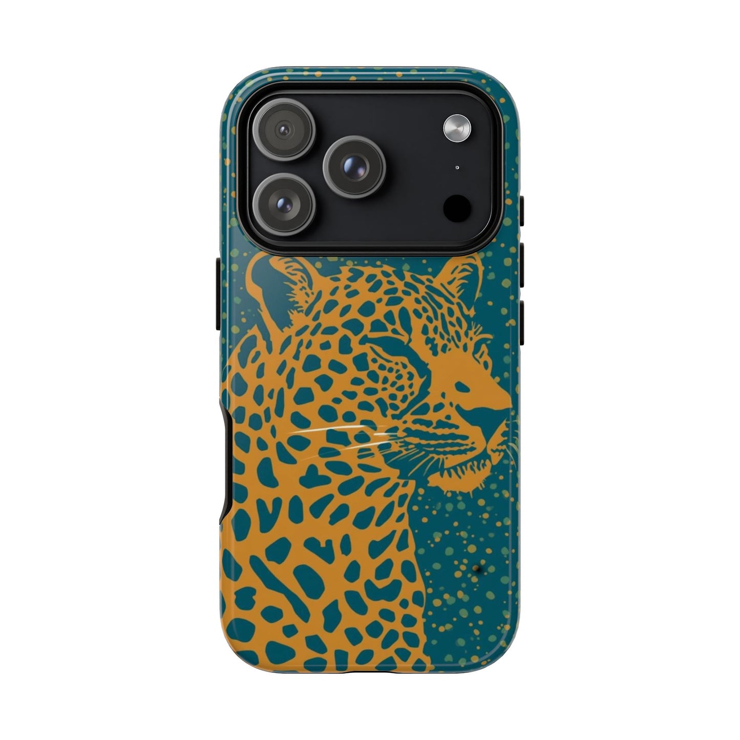Leopard Print Tough Phone Case — Gold Panther on Teal, Protective iPhone Cover