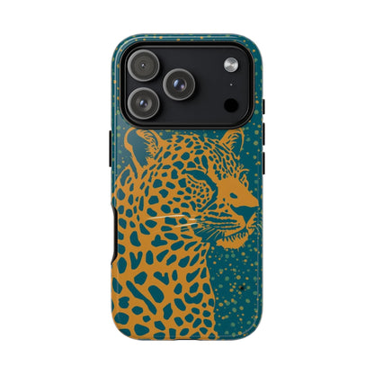 Leopard Print Tough Phone Case — Gold Panther on Teal, Protective iPhone Cover