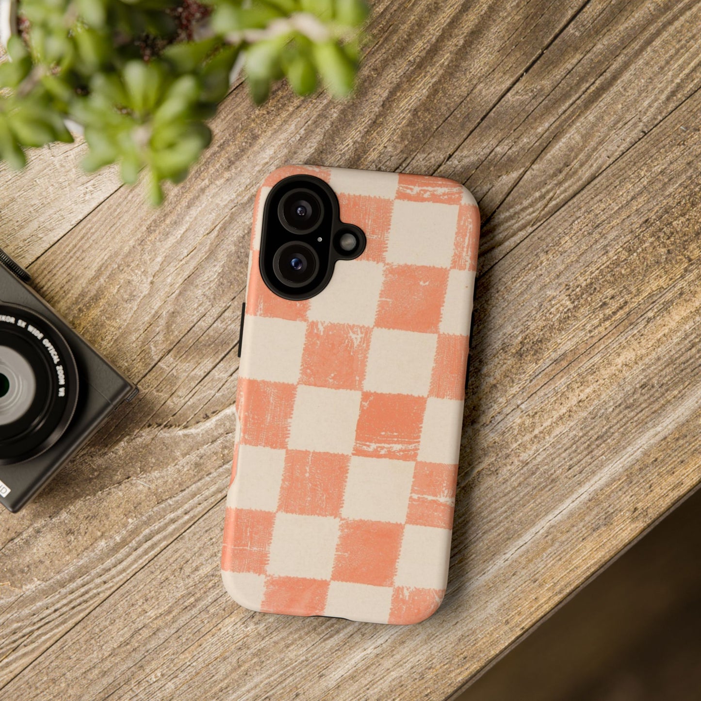 Peach Checkerboard Tough Phone Case — Retro Distressed Grid Design