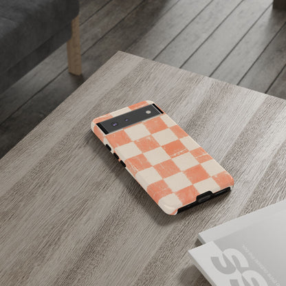 Peach Checkerboard Tough Phone Case — Retro Distressed Grid Design
