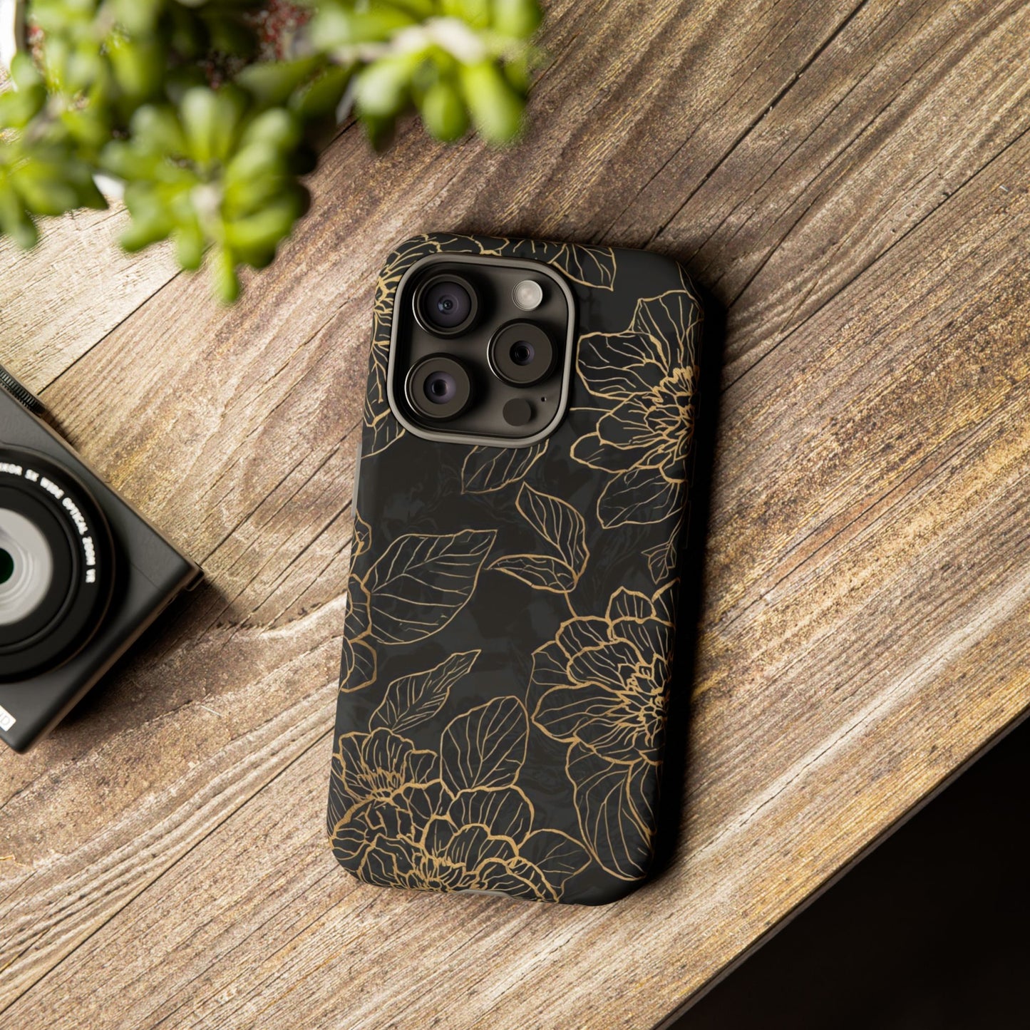 Floral Gold Outline Tough Phone Case – Black Botanical Protective Cover