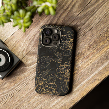 Floral Gold Outline Tough Phone Case – Black Botanical Protective Cover