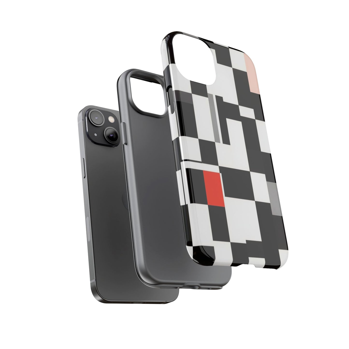 Abstract Geometric Phone Case – Black & White Checker Grid with Red Accent