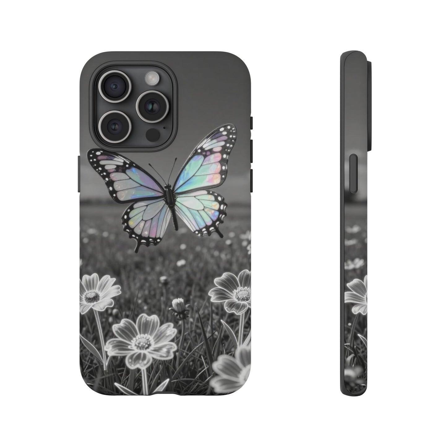 Butterfly Field Tough Phone Case — Pastel Holographic Butterfly on Black & White Floral Background