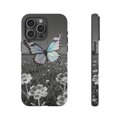 Butterfly Field Tough Phone Case — Pastel Holographic Butterfly on Black & White Floral Background