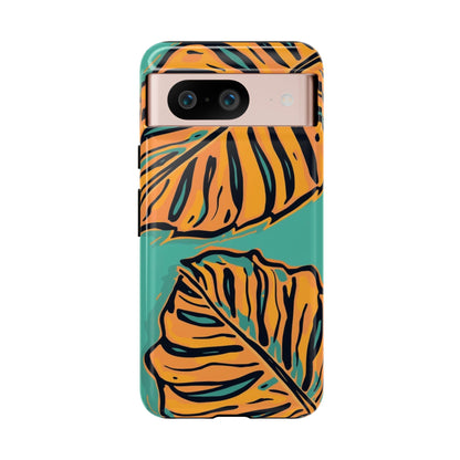 Tropical Leaf Tough Phone Case — Orange Monstera Design on Teal