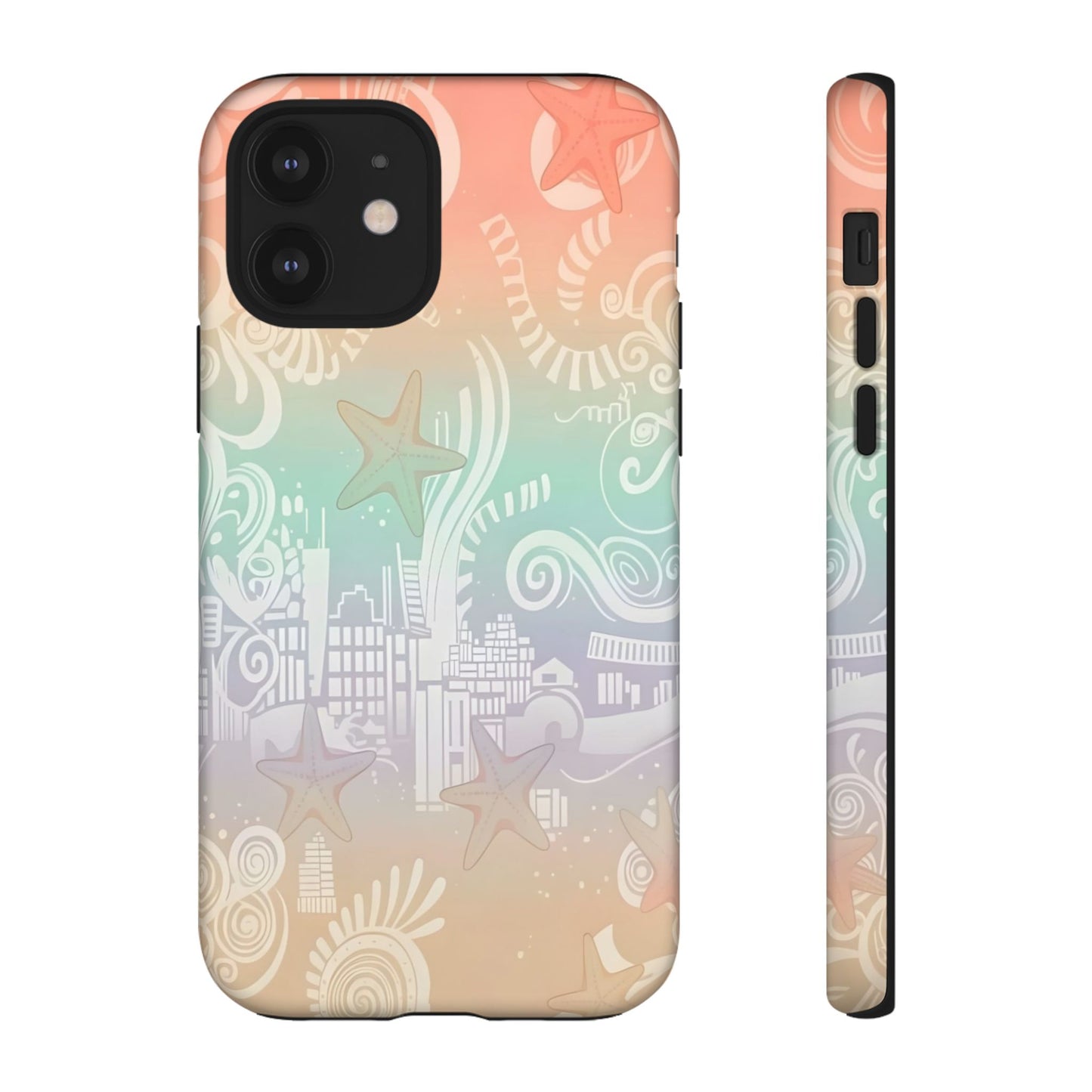 Tough Cases: Pastel Beach Pattern Phone Case — Starfish & Coastal Cityscape Protective Cover