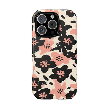 Floral Phone Case — Pink & Black Retro Blossom Protective Cover