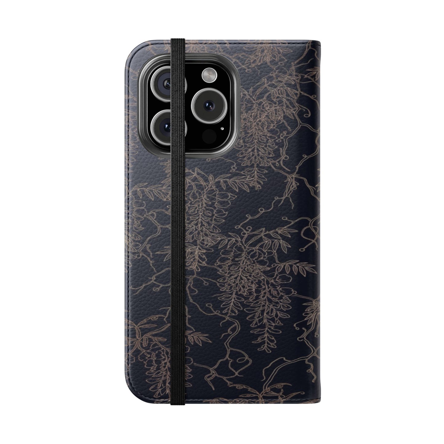 Botanical Noir Flip Phone Case — Dark Floral Wallet Cover with Card Slots