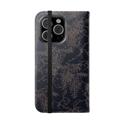 Botanical Noir Flip Phone Case — Dark Floral Wallet Cover with Card Slots