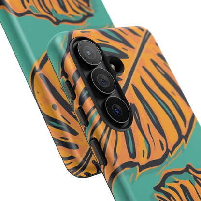 Tropical Leaf Tough Phone Case — Orange Monstera Design on Teal