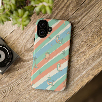 Retro Beach Stripes Phone Case — Sun, Waves & Palm Pattern Tough Case
