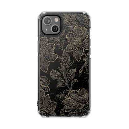 Floral Sketch Magnetic Clear Phone Case — Black & Gold Botanical Impact Case