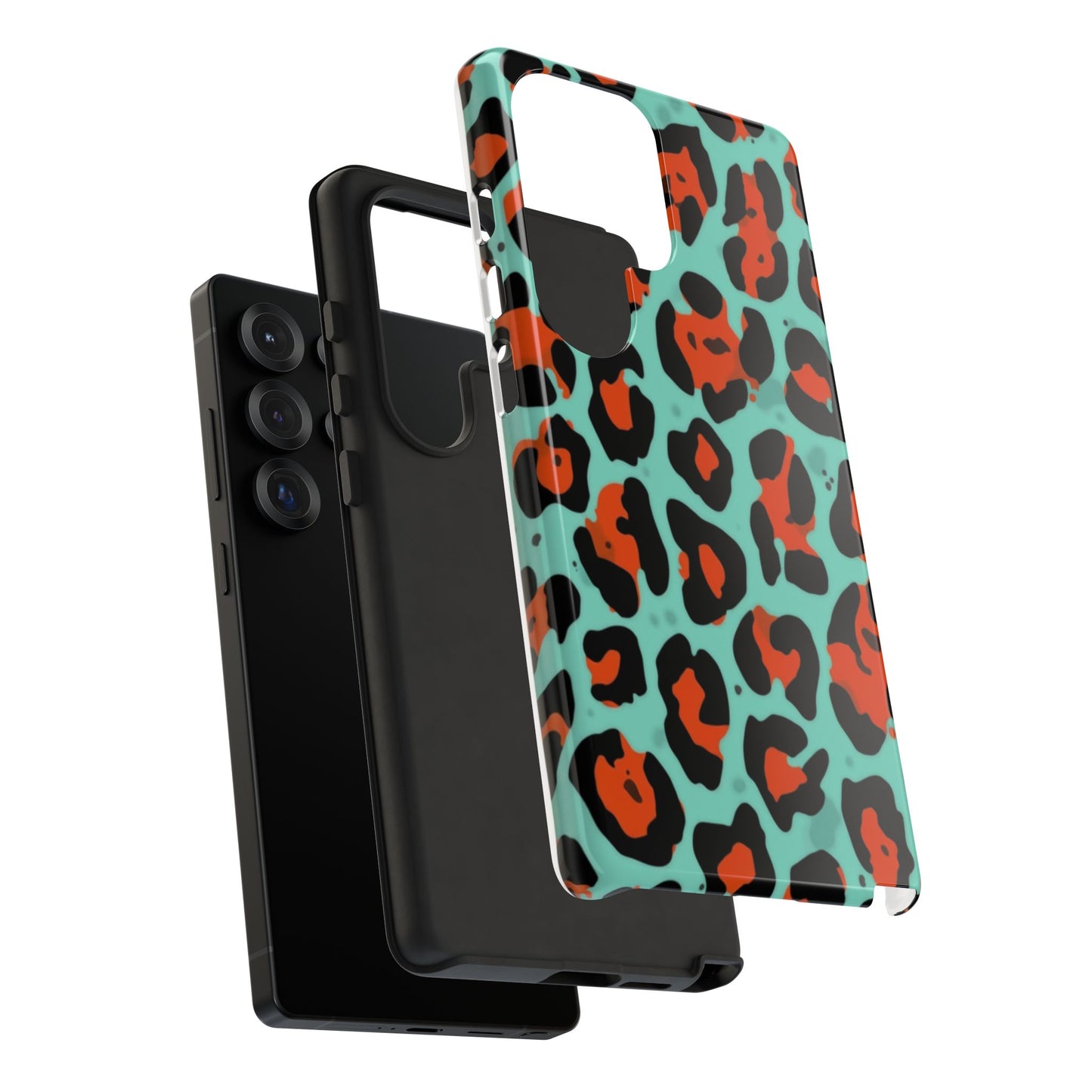 Leopard Print Tough Phone Case — Teal & Rust Protective iPhone Cover