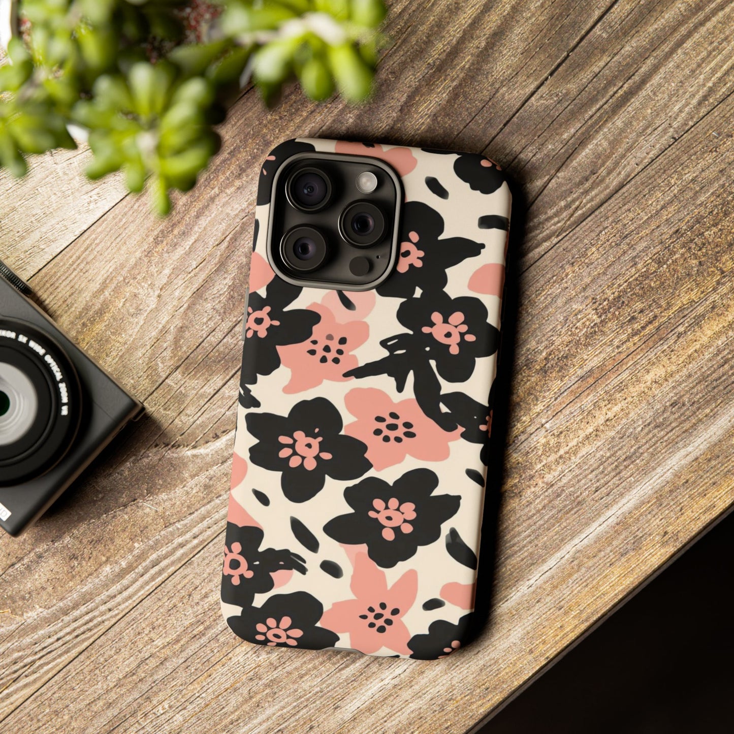 Floral Phone Case — Pink & Black Retro Blossom Protective Cover