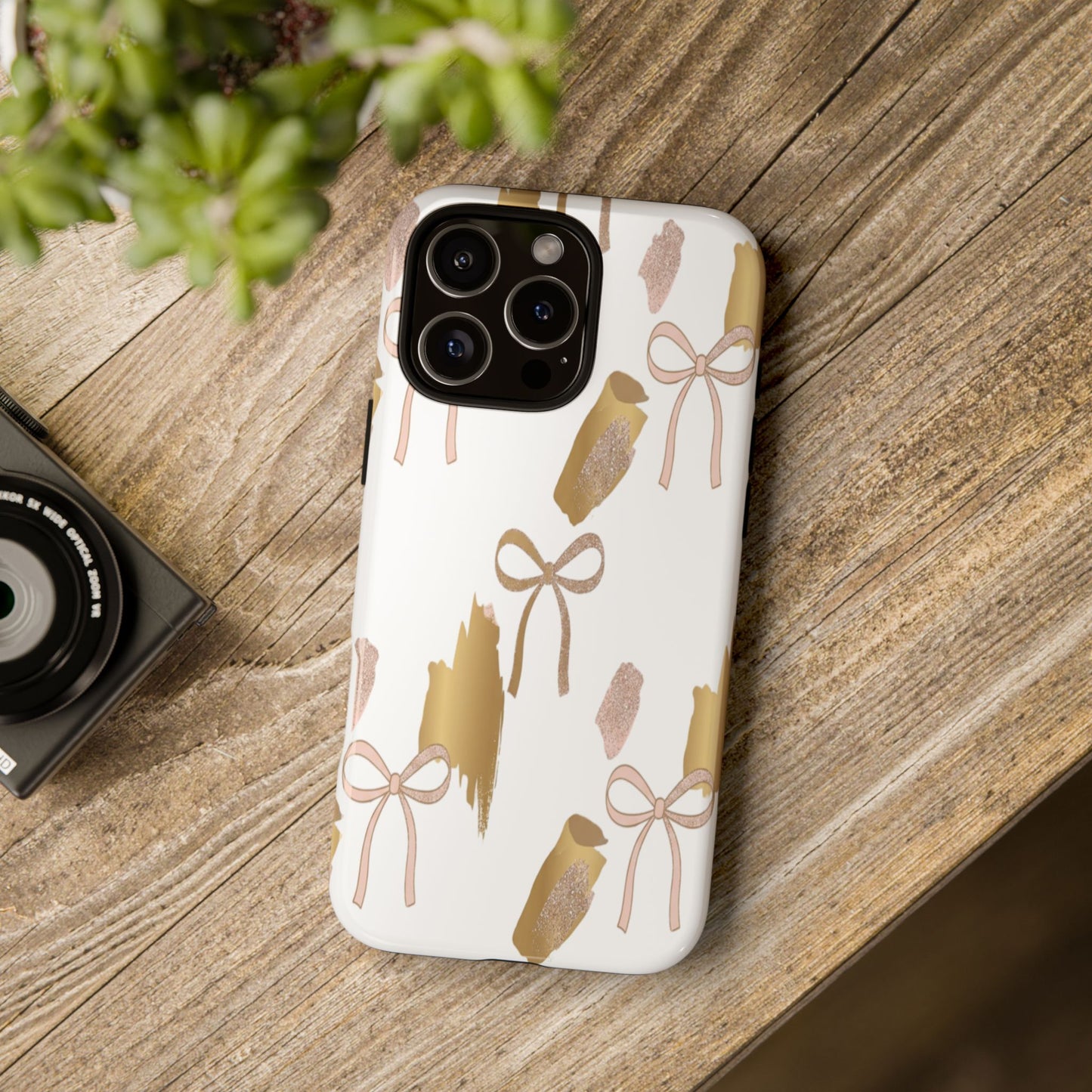 Phone Case — Gold Brushstroke & Blush Bow Pattern