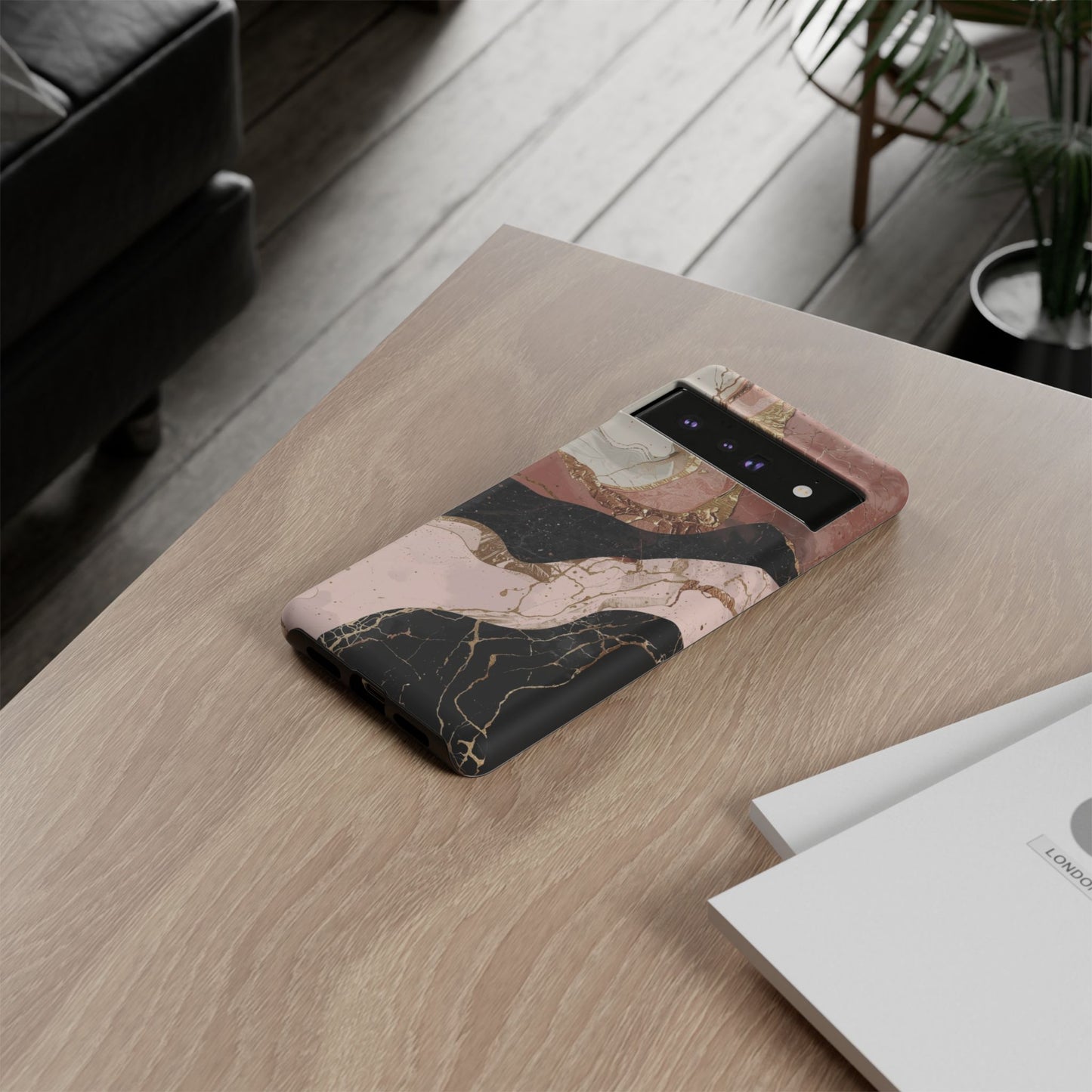 Marbled Rose Gold Phone Case — Abstract Pink & Black Protective Tough Case