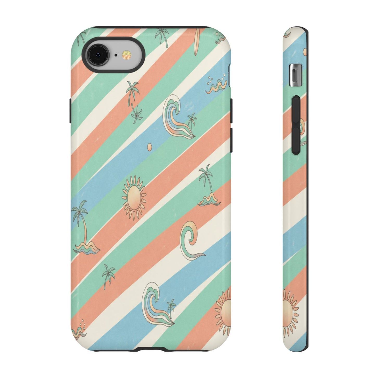Retro Beach Stripes Phone Case — Sun, Waves & Palm Pattern Tough Case