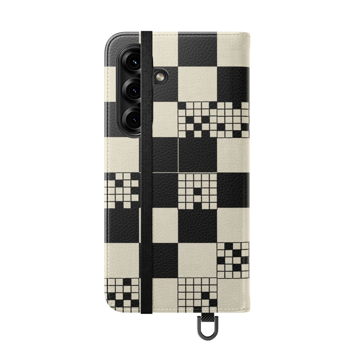Checkerboard Flip Phone Case – Retro Black & Cream Geometric Wallet Case