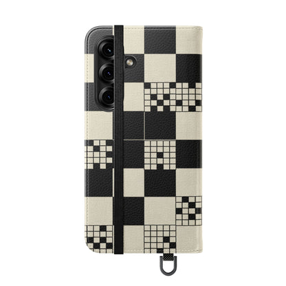 Checkerboard Flip Phone Case – Retro Black & Cream Geometric Wallet Case
