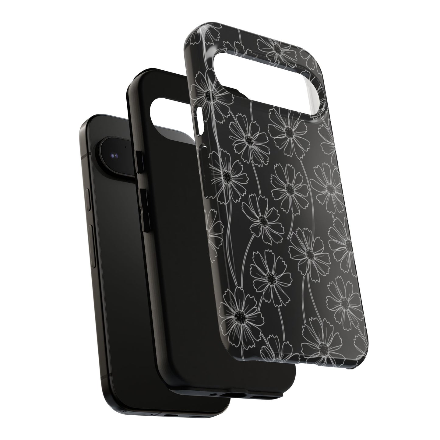 Floral Doodle Tough Phone Case — Black & Gray Daisy Pattern