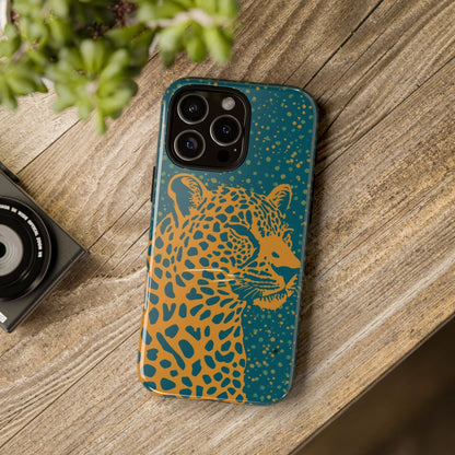Leopard Print Tough Phone Case — Gold Panther on Teal, Protective iPhone Cover