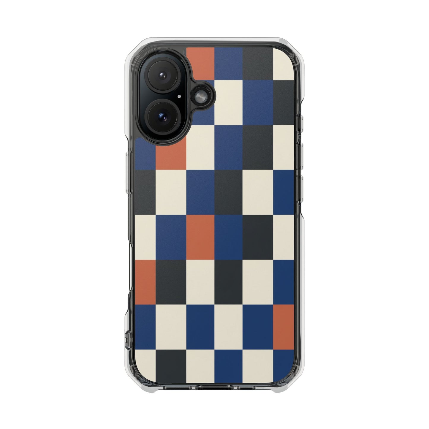 Clear Magnetic Phone Case — Retro Checkerboard Pattern (Blue, Black & Rust)