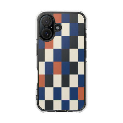 Clear Magnetic Phone Case — Retro Checkerboard Pattern (Blue, Black & Rust)