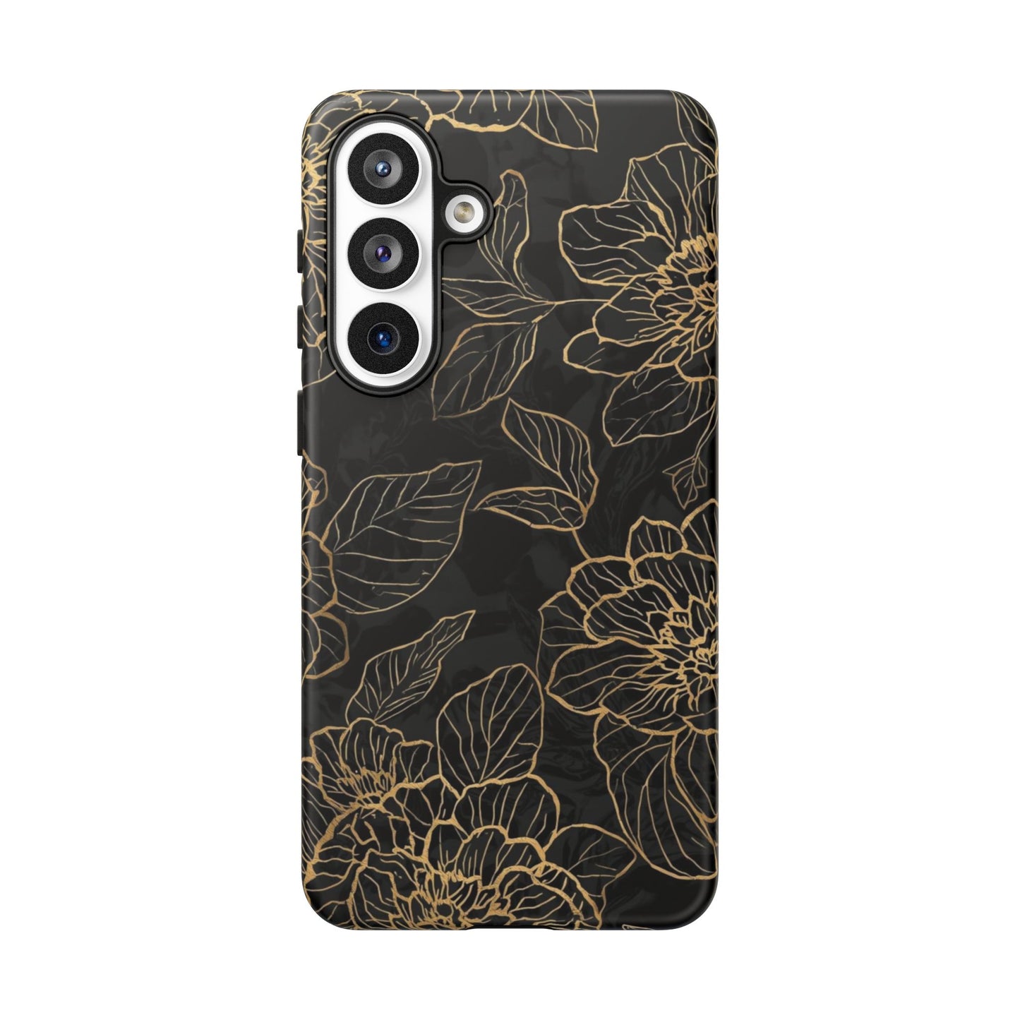 Floral Gold Outline Tough Phone Case – Black Botanical Protective Cover
